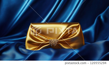 Golden Clutch Elegance Against a Luxurious Blue Satin 120555294