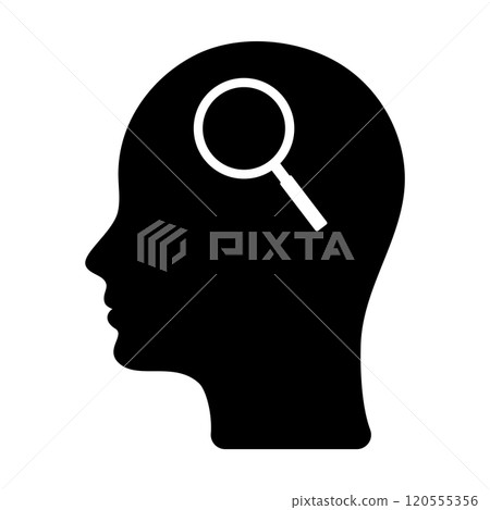 Head icon and magnifying glass. The head is thinking. Searching for a solution. Head icon and magnifying glass. The head is thinking. Searching for a solution. 120555356