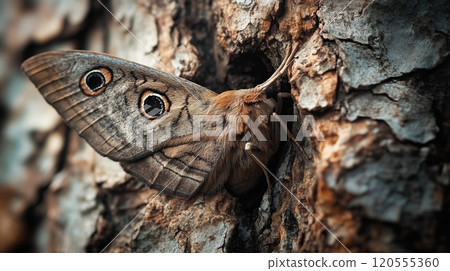 Close-up of a moth resting on a tree bark 120555360