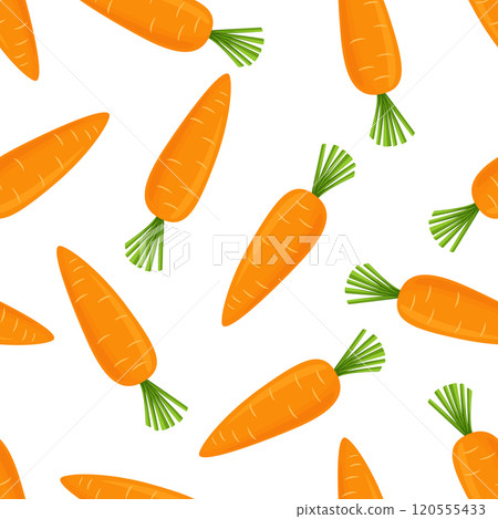 Vector Seamless Cute Pattern of Cartoon Flat Carrots on White Background. Fresh Orange Carrot Print for Healthy Eating, Organic Food, Kids Nutrition, Playful Design Template 120555433