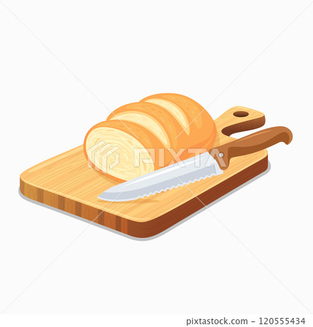 Flat Vector Wooden Cutting Board with Kitchen Knife Icon. Cutting Board and Knife Design Template. Chopping Board with Knife and Loaf of Bread Illustration Isolated on White Background 120555434