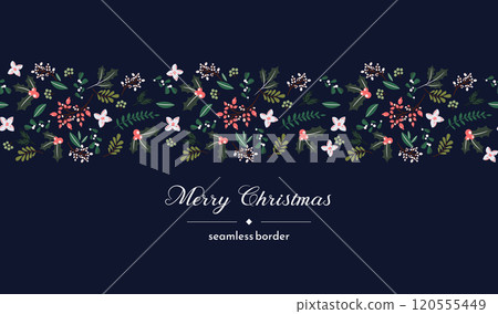 Merry Christmas and Happy Holidays card template with New Year flowers, berries, branches, foliage items on blue background design. Festive Modern universal artistic vector horizontal template Merry Christmas and Happy Holidays card template with New Year flowers, berries, branches, foliage items on blue background design. Festive Modern universal artistic vector horizontal template 120555449