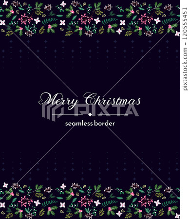 Merry Christmas and Happy Holidays card template with New Year flowers, berries, branches, foliage items on blue background design. Festive Modern universal artistic vector template 120555451
