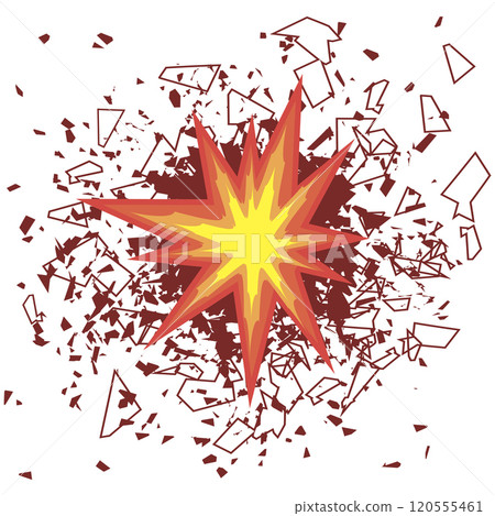 Explosion Cloud of Red Pieces on White Background. Sharp Particles Randomly Fly in the Air 120555461