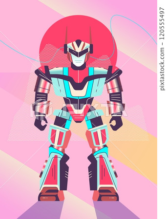 Retro Style Robot Warrior with Protective Armor in Geometric Art on Pink Background Retro Style Robot Warrior with Protective Armor in Geometric Art on Pink Background 120555497