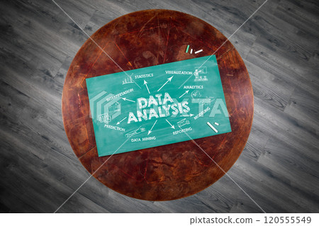 Data Analysis Concept. Illustration with icons, arrows and keywords. Round wooden table Data Analysis Concept. Illustration with icons, arrows and keywords. Round wooden table 120555549