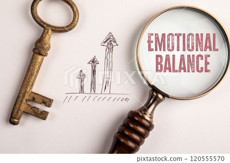 Emotional Balance. Magnifying glass and golden key on white background 120555570