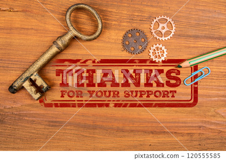 Thanks For Your Support. Golden key and gears on wooden texture background 120555585
