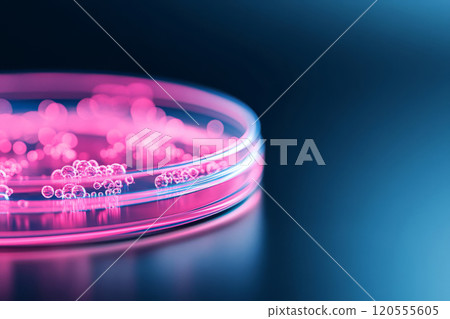 Petri dish with microspheres in liquid. Biotechnology, science, laboratory concept 120555605