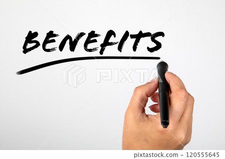 Benefits. Work, bonuses and offer concept. Pen in woman hand Benefits. Work, bonuses and offer concept. Pen in woman hand 120555645