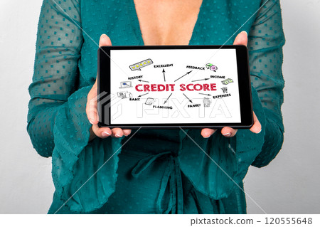 Credit Score concept. Tablet in woman hands 120555648