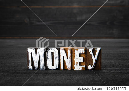 Money. Business, profits, taxes and bills concept. White wooden letters on a dark wooden background Money. Business, profits, taxes and bills concept. White wooden letters on a dark wooden background 120555655