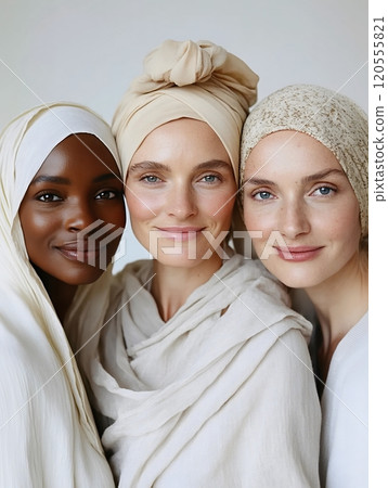 Close-up of three women in elegant white headscarves 120555821