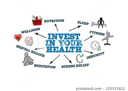 Invest in your health Concept. Illustration with icons, keywords and arrows on a white background 120555822
