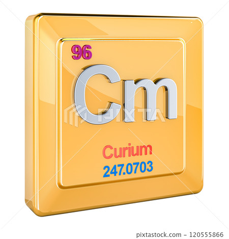 Curium Cm, chemical element sign with number 96 in periodic table. 3D rendering 120555866