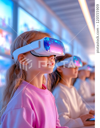 Children in a High-Tech Classroom Exploring Virtual Reality with Enthusiasm 120555909