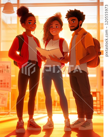 Three Young Friends Collaborating in Bright Modern Space During Golden Hour 120555973