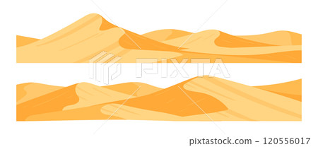 Desert landscapes. Sandy wilderness view, sands dunes landscape flat vector background illustration. Cartoon sand desert view Desert landscapes. Sandy wilderness view, sands dunes landscape flat vector background illustration. Cartoon sand desert view 120556017