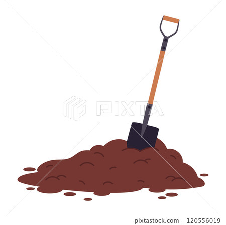 Garden shovel and pile of soil. Agricultural gardening equipment, brown dirt heap with shovel flat vector illustration. Husbandry tool in soil heap 120556019