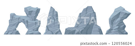 Mountain rocks. Granite rocks, gray heavy stones, layered rocks flat vector illustration set. Cartoon rock stones collection 120556024