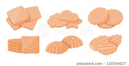 Shortbread cookies. Cartoon delicious cookies, tasty buttery and crumbly cookies of various shapes flat vector illustration set. Homemade cookies piles 120556027