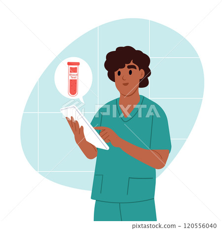Doctor examines a tube with a blood sample for analysis. Sample blood analysis. Vector illustration in flat style 120556040