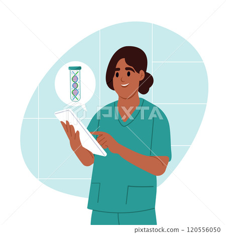 Rare Disease Day. Young smiling African American female doctor researching DNA for rare diseases Rare Disease Day. Young smiling African American female doctor researching DNA for rare diseases 120556050