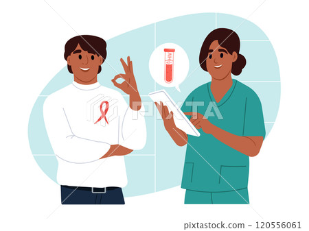 World AIDS Day and National HIV Awareness Month. HIV testing day. Laboratory examination for HIV. Analysis for the prevention of AIDS. Doctor with tablet talking to smiling patient in hospital. 120556061