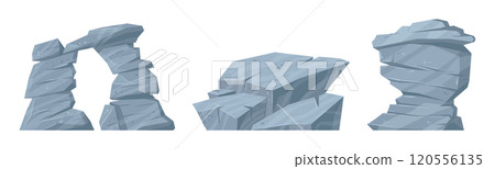 Cartoon rock stones. Granite rocks, heavy gray stones, layered rocks flat vector illustration set. Mountain rocks collection 120556135