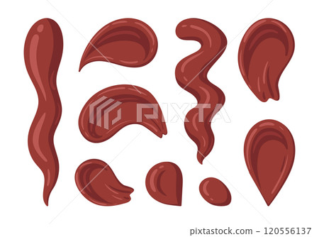Chocolate sauce stains. Cocoa sauce splashes, choco sauce dip, sweet food dressing flat vector illustration on white background. Cartoon chocolate sauce smudges Chocolate sauce stains. Cocoa sauce splashes, choco sauce dip, sweet food dressing flat vector illustration on white background. Cartoon chocolate sauce smudges 120556137