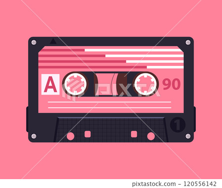 Retro tape background. Audio cassette poster, pop culture song tape design flat vector illustration. Old school music audio cassette backdrop 120556142