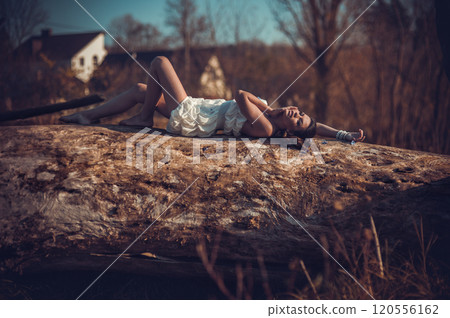 A sexy girl lies on a tree semi-naked.Fashion photo of a girl. A sexy girl lies on a tree semi-naked.Fashion photo of a girl. 120556162