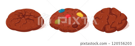 Cartoon chocolate cookies. Homemade crispy cookies with colorful dragee, tasty choco cookies flat vector illustration set. Sweet chocolate pastry on white Cartoon chocolate cookies. Homemade crispy cookies with colorful dragee, tasty choco cookies flat vector illustration set. Sweet chocolate pastry on white 120556203