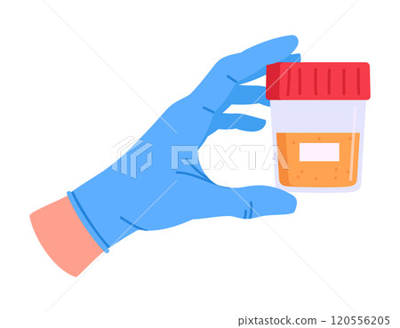 Doctor hand holding sample jar. Medical worker hold plastic urine sample jar flat vector illustration. Cartoon medical equipment in doctors hand Doctor hand holding sample jar. Medical worker hold plastic urine sample jar flat vector illustration. Cartoon medical equipment in doctors hand 120556205