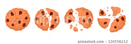 Oatmeal cookies pieces. Chocolate chips cookie crumbs, bitten and broken biscuits flat vector illustration set. Cartoon sweet crunchy broken cookies on white 120556212
