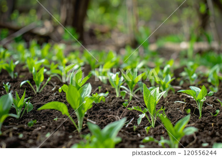 Fresh green plants on the field in spring. Rows of young plants. Fresh green plants on the field in spring. Rows of young plants. 120556244