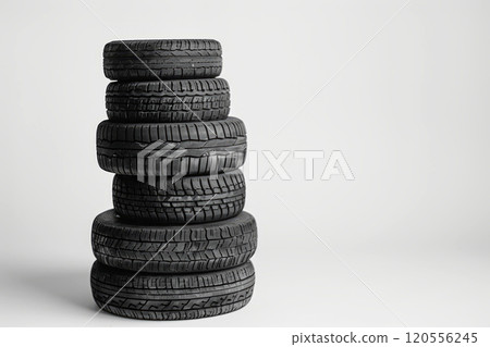 Stack of used tires. Old worn damaged tires isolated on white background Stack of used tires. Old worn damaged tires isolated on white background 120556245
