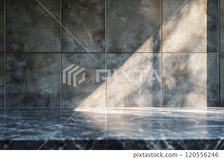 Empty grey marble tabletop with dark black cement stone background. Background for product stand with empty copy space. 120556246