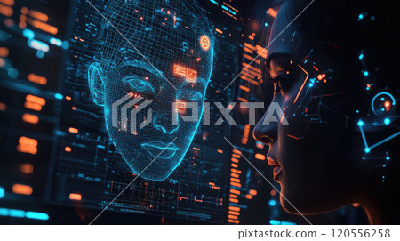 Woman looks at digital interface with cybernetic data displays, face and ai elements. Concept of facial recognition, screen, technology, display 120556258
