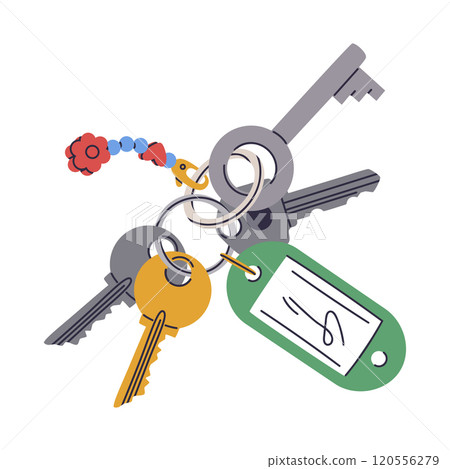 Cartoon bunch of keys. Real estate entrance locking keys with keyring and keychain flat vector illustration. House or apartment keys Cartoon bunch of keys. Real estate entrance locking keys with keyring and keychain flat vector illustration. House or apartment keys 120556279