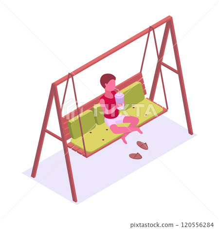Isometric kid on garden swing. Boy sitting on backyard or city park swing, wooden summerhouse furniture 3d vector illustration. Modern garden swing Isometric kid on garden swing. Boy sitting on backyard or city park swing, wooden summerhouse furniture 3d vector illustration. Modern garden swing 120556284