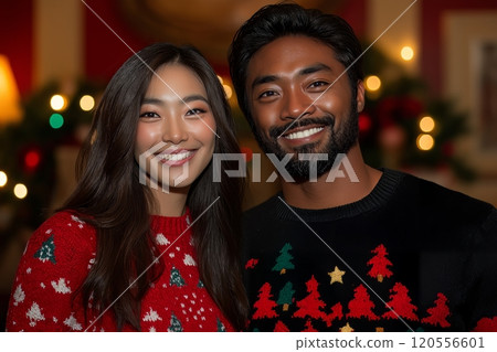 Smiling couple wearing festive sweaters, sharing a warm moment with soft holiday lights around 120556601