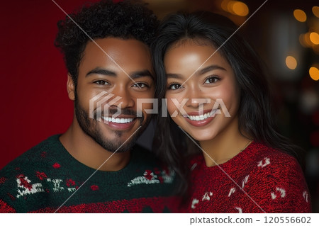 A cheerful couple in holiday sweaters, smiling warmly with a glowing red festive backdrop A cheerful couple in holiday sweaters, smiling warmly with a glowing red festive backdrop 120556602