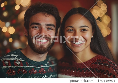 Happy couple in matching festive sweaters, standing close, surrounded by soft holiday lights Happy couple in matching festive sweaters, standing close, surrounded by soft holiday lights 120556604
