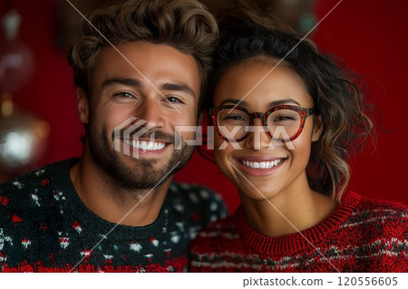 A cheerful couple in holiday sweaters, with one wearing glasses, smiling warmly by festive lights 120556605