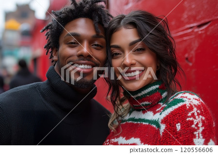 A joyful couple in cozy sweaters standing outdoors against a red wall, smiling brightly 120556606