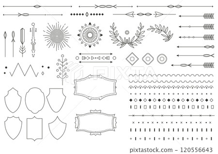 Vintage line set elements in flat graphic design. Collection of dividers and frames, arrows, linear laurel and flourish borders, classic ornate vignette, emblem shapes and other. Vector illustration. 120556643
