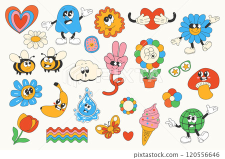 Vintage groovy set elements in flat graphic design. Collection of funky heart, ghost, sun, hug, daisy, bees, cloud, hand, mushroom, sunglasses, banana, water drop, other mascots. Vector illustration. Vintage groovy set elements in flat graphic design. Collection of funky heart, ghost, sun, hug, daisy, bees, cloud, hand, mushroom, sunglasses, banana, water drop, other mascots. Vector illustration. 120556646