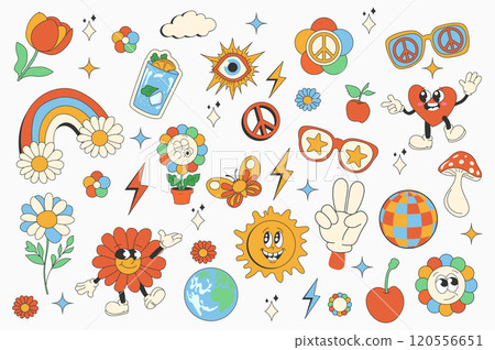Vintage groovy set elements in flat graphic design. Collection of clouds, rainbow, eyes, peace, sunglasses, daisy, butterfly, heart, sun, mushroom, disco ball other funky mascots. Vector illustration. 120556651