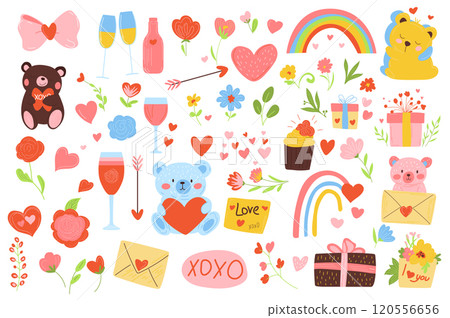 Valentine day set elements in flat graphic design. Collection of cute bow, champagne, flowers, hearts, rainbow, couple, teddy bears, arrows, gifts, cupcake, love letters, other. Vector illustration. 120556656